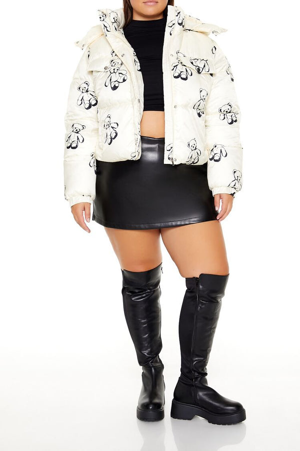 Forever21 Plus Size Teddy Bear Print Puffer Jacket CREAM/MULTI