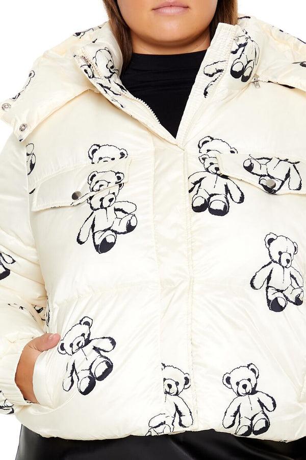 Forever21 Plus Size Teddy Bear Print Puffer Jacket CREAM/MULTI