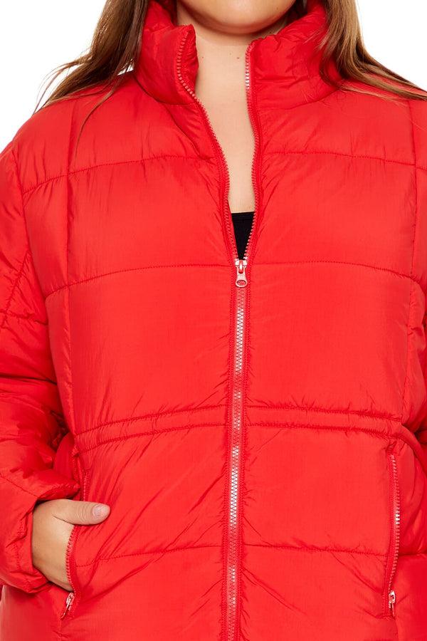 Forever21 Plus Size Tie-Waist Puffer Jacket HIGH RISK RED