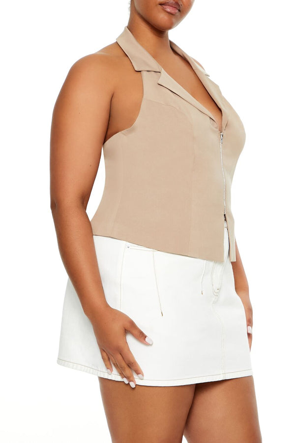 Forever21 Plus Size Zip-Up Halter Crop Top WINTER WHEAT