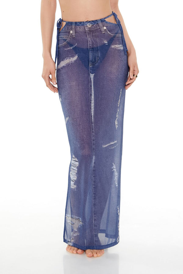 Forever21 Printed Denim Cutout Maxi Swim Cover-Up Skirt BLUE/CREAM