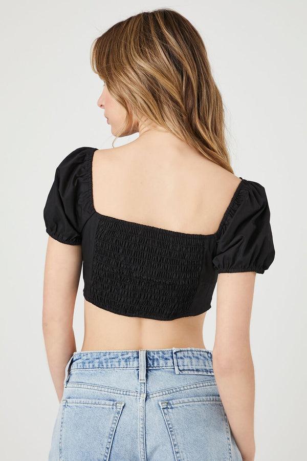Forever21 Puff-Sleeve Poplin Bustier Crop Top BLACK