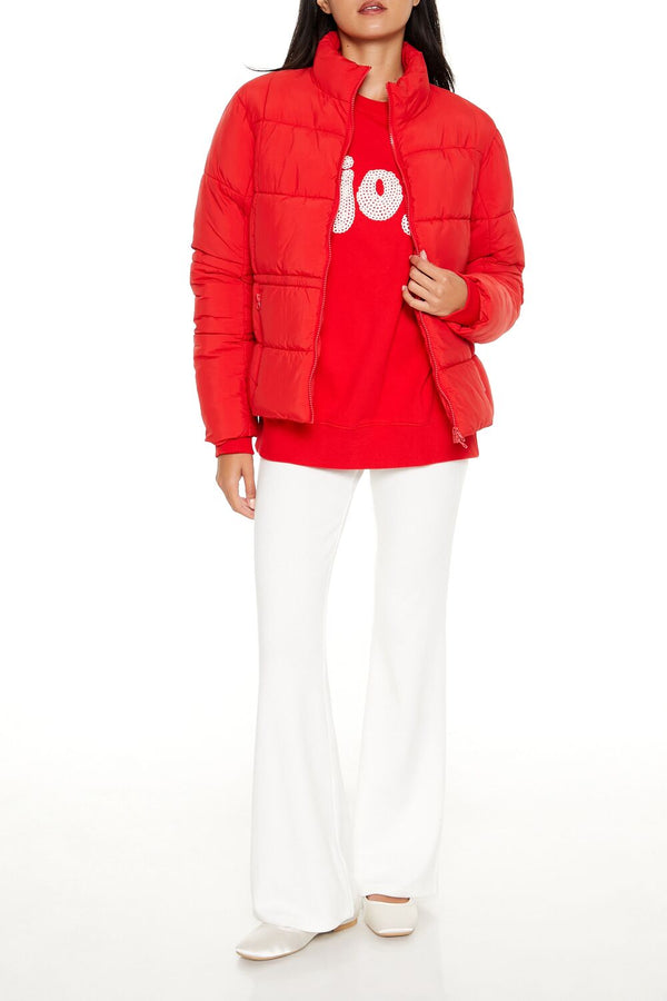 Forever21 Quilted Zip-Up Puffer Jacket HIGH RISK RED