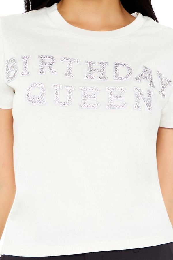 Forever21 Rhinestone Birthday Queen Tee WHITE/MULTI