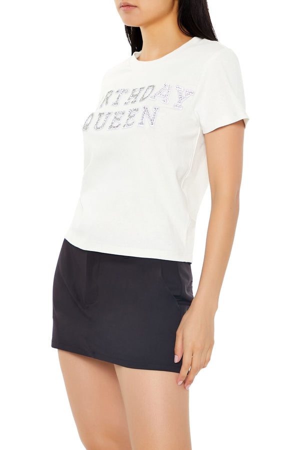 Forever21 Rhinestone Birthday Queen Tee WHITE/MULTI