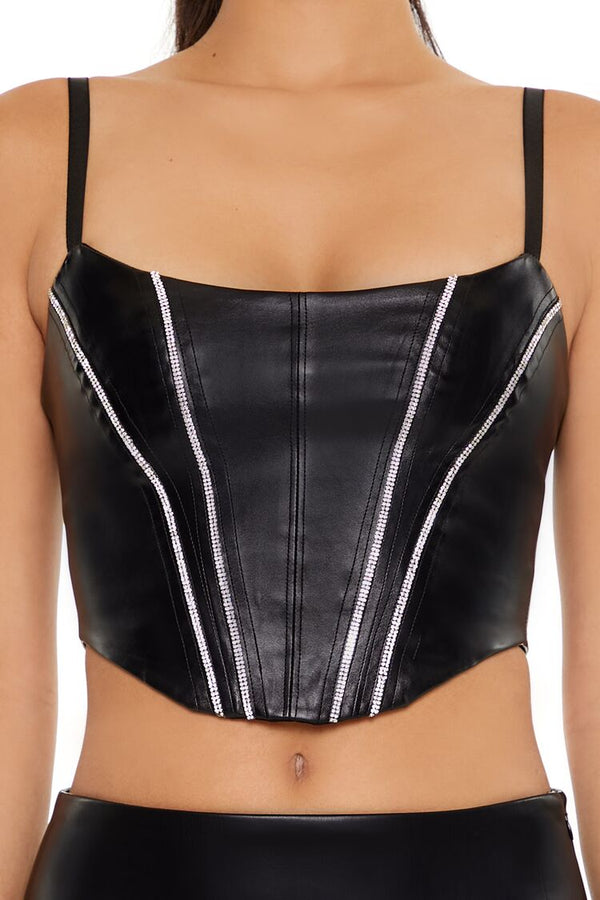 Forever21 Rhinestone Faux Leather Bustier Cami BLACK/SILVER