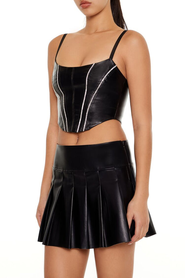 Forever21 Rhinestone Faux Leather Bustier Cami BLACK/SILVER