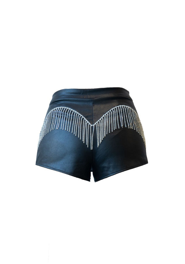 Forever21 Rhinestone-Fringe Faux Leather Shorts BLACK