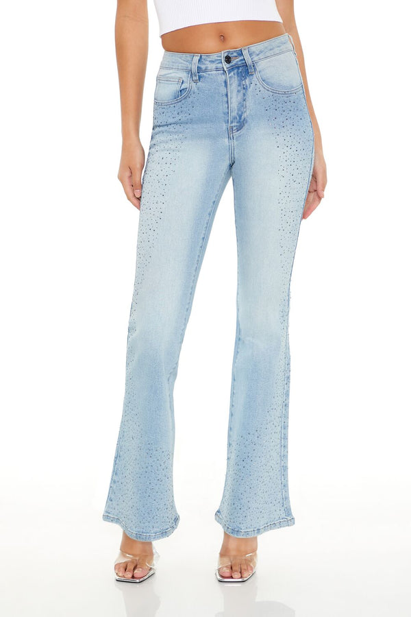 Forever21 Rhinestone High-Rise Flare Jeans LIGHT DENIM