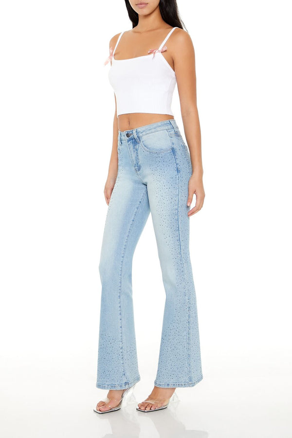 Forever21 Rhinestone High-Rise Flare Jeans LIGHT DENIM