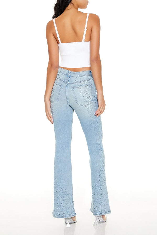 Forever21 Rhinestone High-Rise Flare Jeans LIGHT DENIM