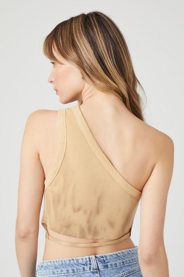 Forever21 Rib-Knit One-Shoulder Cropped Tank Top BROWN