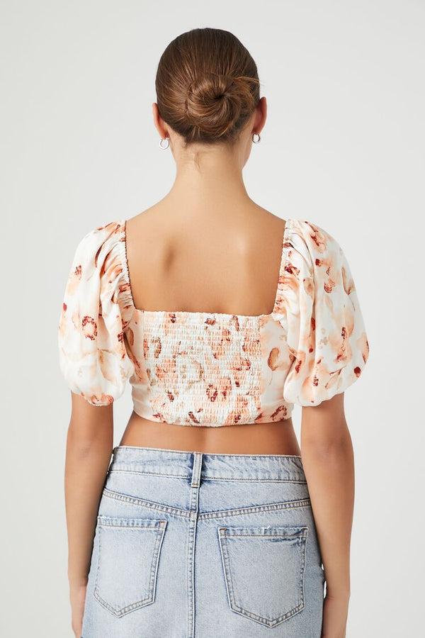 Forever21 Satin Floral Puff-Sleeve Crop Top CREAM/MULTI