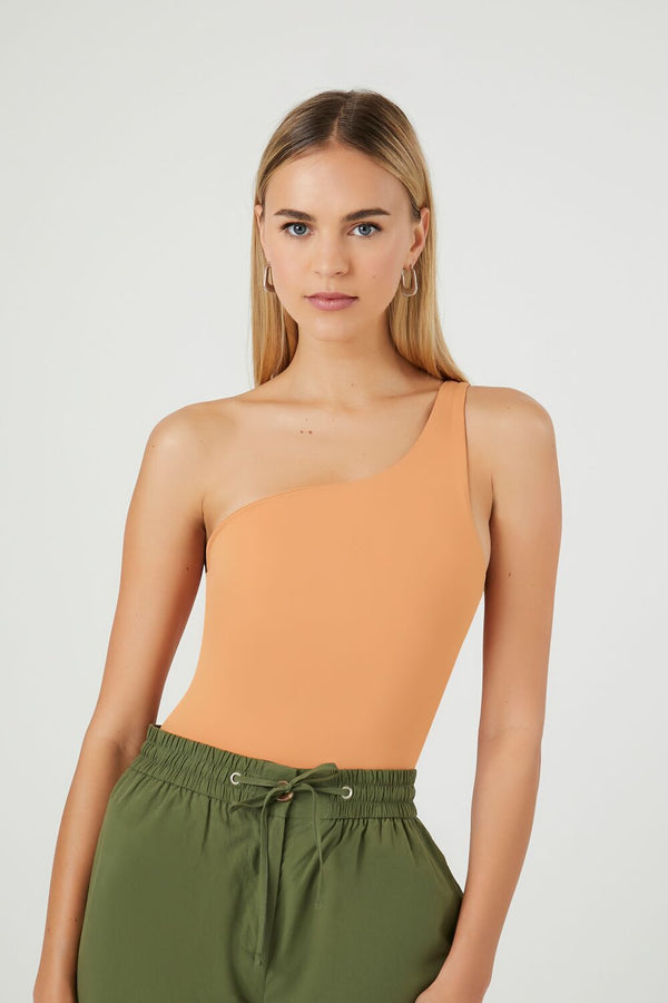 Forever21 Sculpt Shape One-Shoulder Bodysuit TOASTED ALMOND