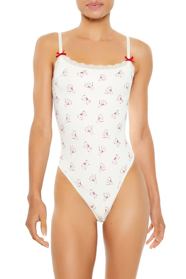 Forever21 Seamless Bow Lingerie Bodysuit WHITE/HIGH RISK RED