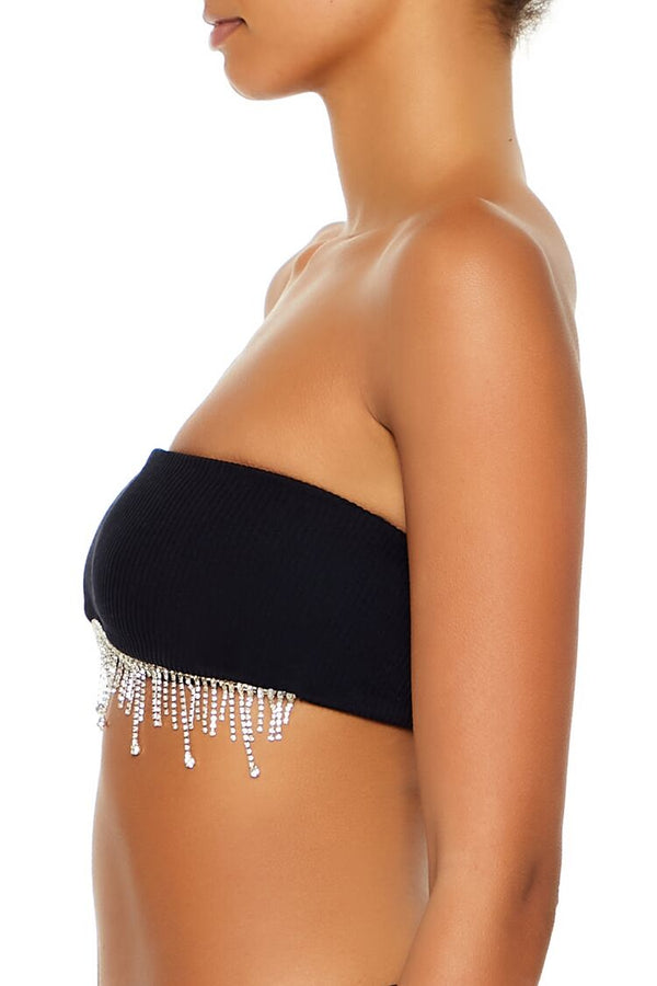 Forever21 Seamless Rhinestone Fringe Bralette BLACK/SILVER