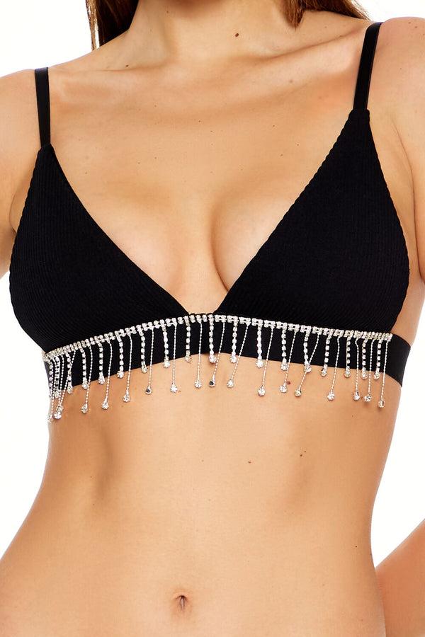 Forever21 Seamless Rhinestone Fringe Bralette BLACK/SILVER