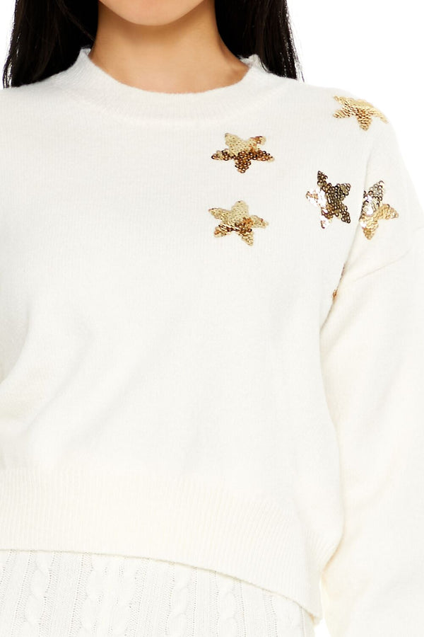Forever21 Sequin Star Drop-Sleeve Sweater WHITE/MULTI