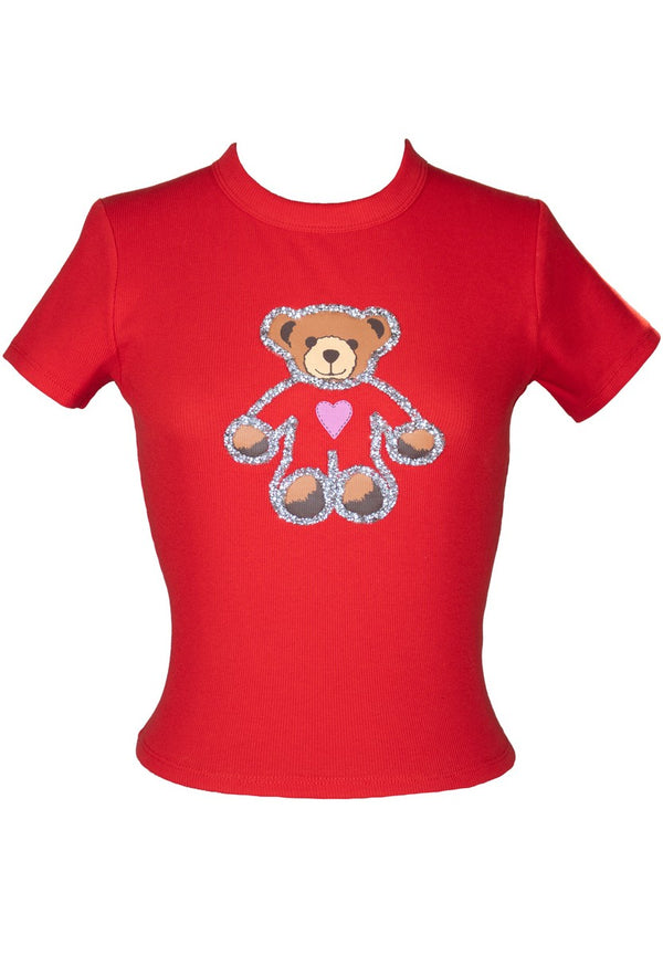 Forever21 Sequin Teddy Bear Graphic Baby Tee RED/MULTI