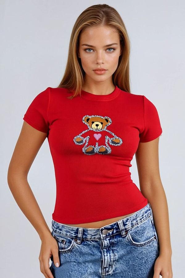 Forever21 Sequin Teddy Bear Graphic Baby Tee RED/MULTI