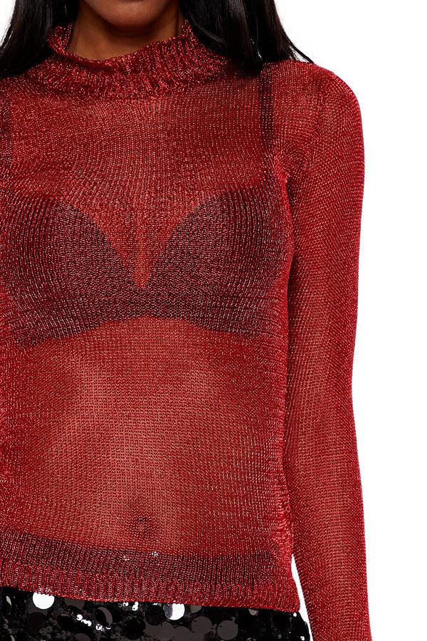 Forever21 Sheer Glitter Turtleneck Sweater DARK RED