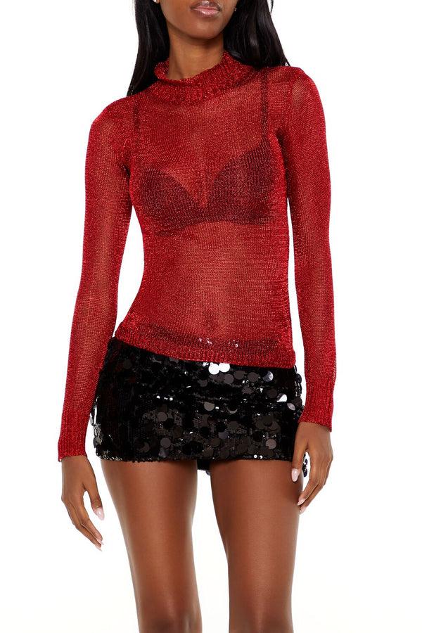 Forever21 Sheer Glitter Turtleneck Sweater DARK RED