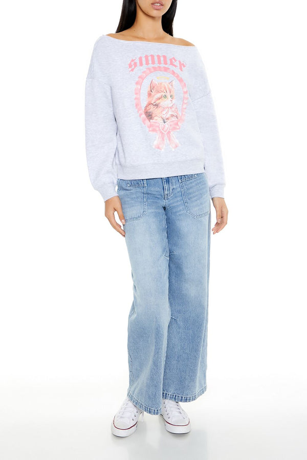 Forever21 Sinner Kitten Graphic Pullover HEATHER GREY/MULTI