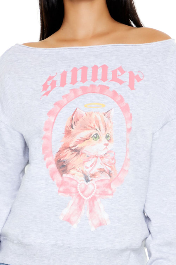 Forever21 Sinner Kitten Graphic Pullover HEATHER GREY/MULTI