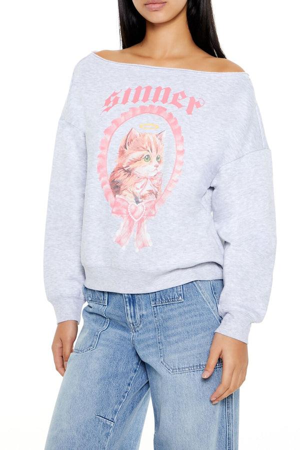 Forever21 Sinner Kitten Graphic Pullover HEATHER GREY/MULTI