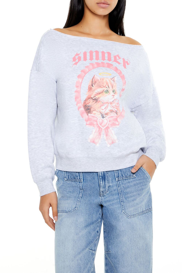Forever21 Sinner Kitten Graphic Pullover HEATHER GREY/MULTI