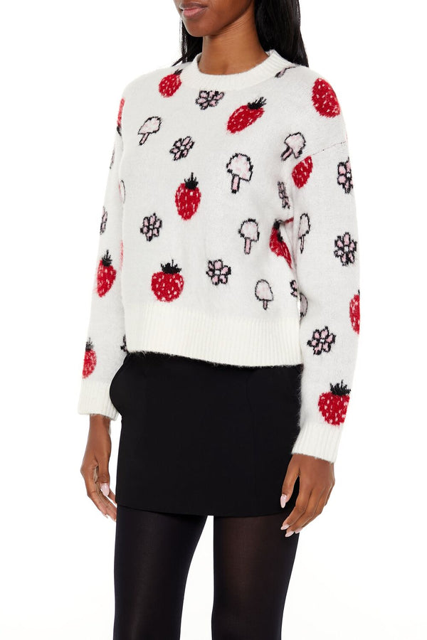 Forever21 Strawberry & Mushroom Print Sweater WHITE/MULTI