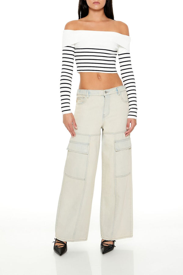 Forever21 Striped Off-the-Shoulder Sweater WHITE/BLACK