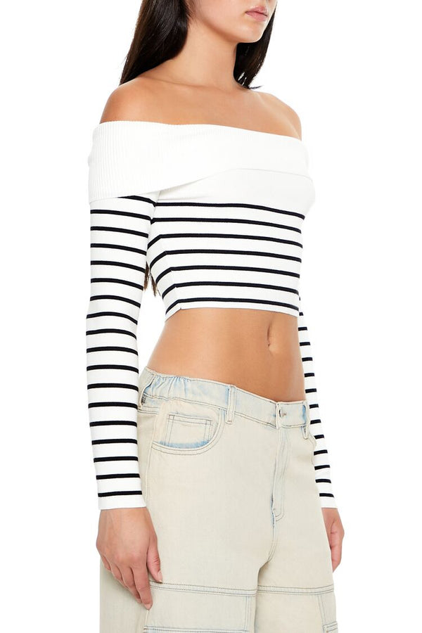 Forever21 Striped Off-the-Shoulder Sweater WHITE/BLACK