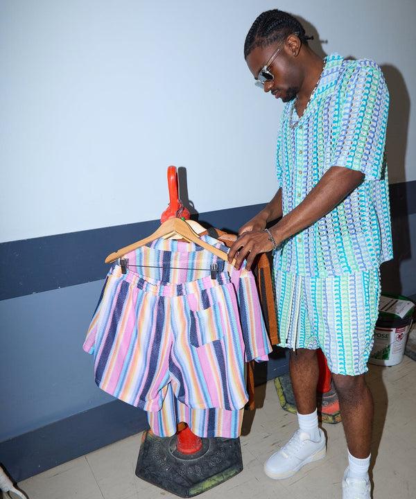 Forever21 Textured Knit Short Sleeve Button Down Shirt - Light Blue MULTI