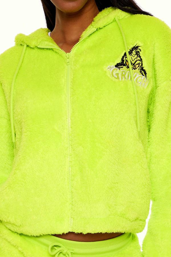 Forever21 The Grinch Embroidered Zip-Up Hoodie GREEN/MULTI