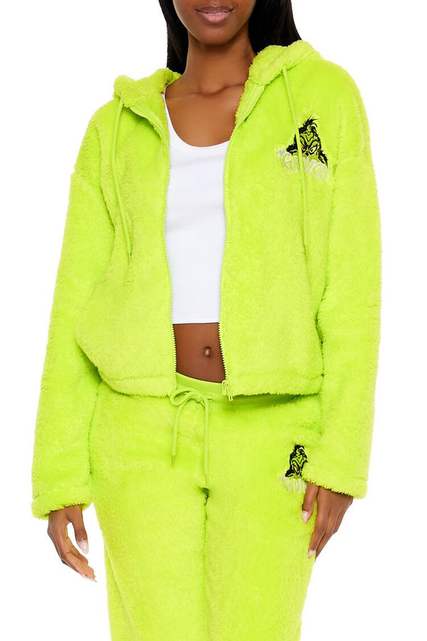 Forever21 The Grinch Embroidered Zip-Up Hoodie GREEN/MULTI