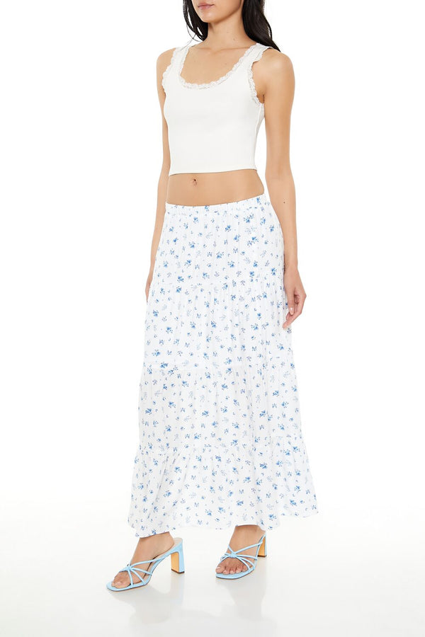 Forever21 Tiered Floral Print Maxi Skirt BLUE/MULTI