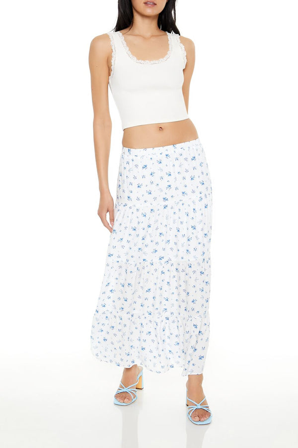 Forever21 Tiered Floral Print Maxi Skirt BLUE/MULTI