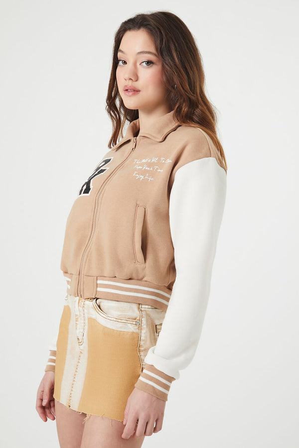Forever21 Varsity Letterman Bomber Jacket KHAKI/MULTI