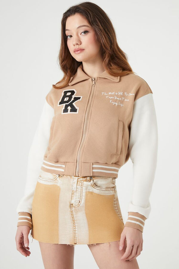 Forever21 Varsity Letterman Bomber Jacket KHAKI/MULTI