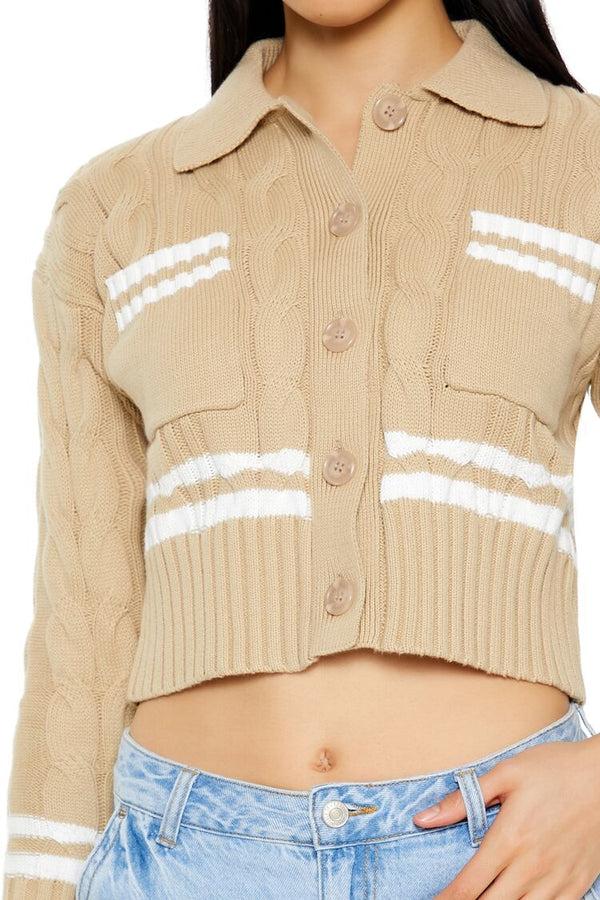 Forever21 Varsity-Striped Cardigan Sweater DESERT SAND/WHITE
