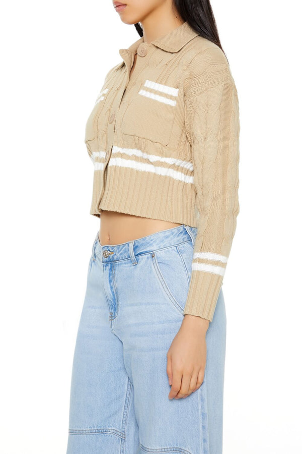 Forever21 Varsity-Striped Cardigan Sweater DESERT SAND/WHITE