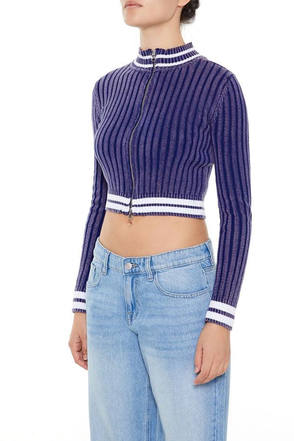 Forever21 Varsity-Striped Zip-Up Sweater COLONY BLUE/WHITE