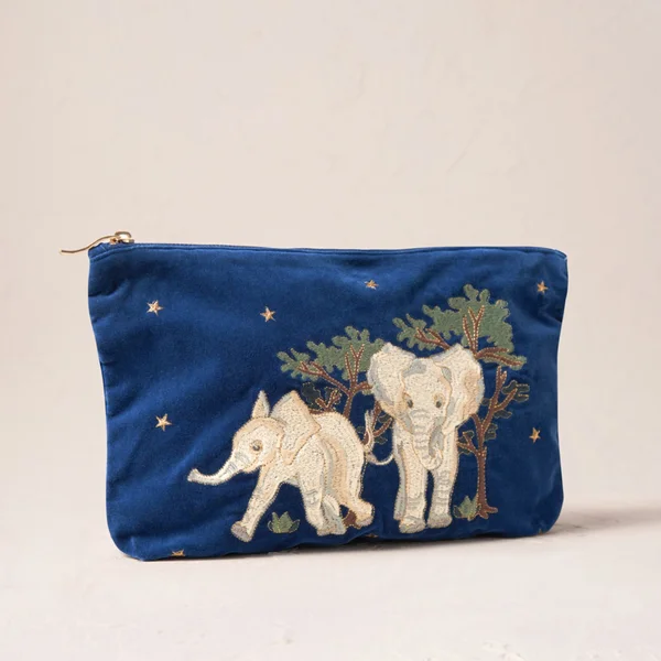 Elizabeth Scarlett Baby Elephant Conservation Navy Velvet Everyday Pouch