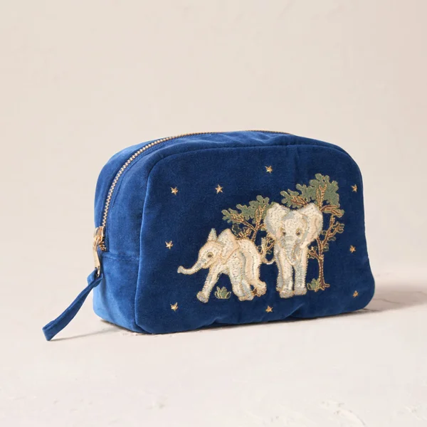 Elizabeth Scarlett Baby Elephant Conservation Navy Velvet Makeup Bag