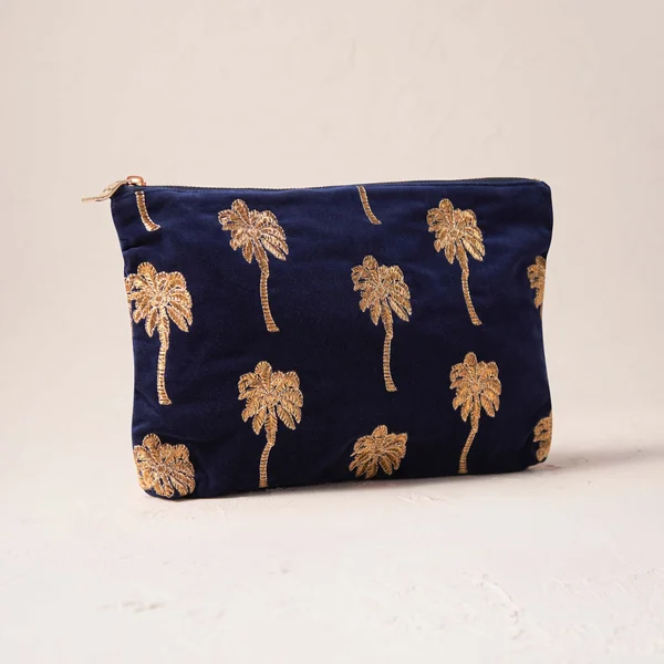 Elizabeth Scarlett Gold Palm Navy Velvet Everyday Pouch
