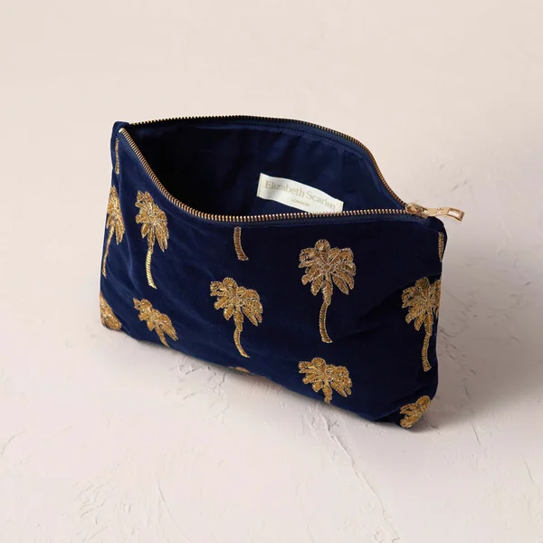 Elizabeth Scarlett Gold Palm Navy Velvet Everyday Pouch