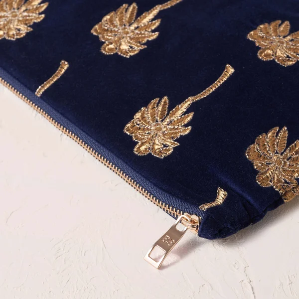 Elizabeth Scarlett Gold Palm Navy Velvet Everyday Pouch