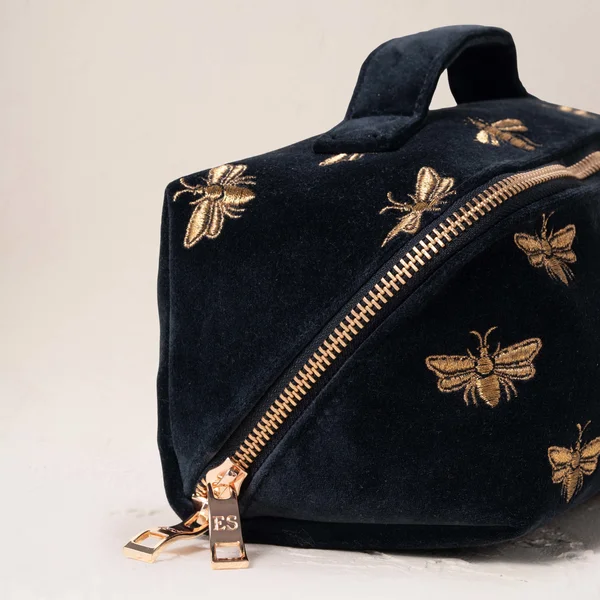 Elizabeth Scarlett Honey Bee Charcoal Velvet Open Flat Makeup Bag
