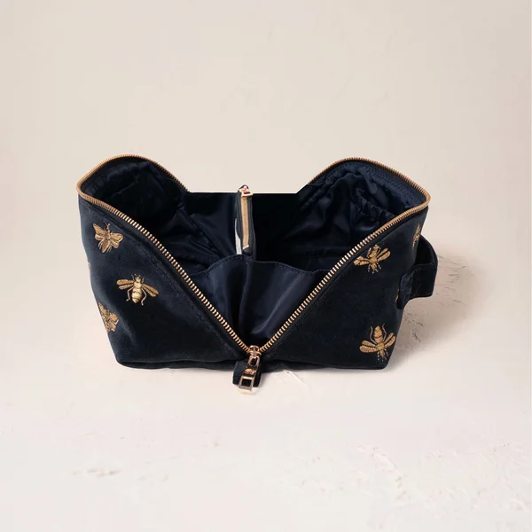 Elizabeth Scarlett Honey Bee Charcoal Velvet Open Flat Makeup Bag